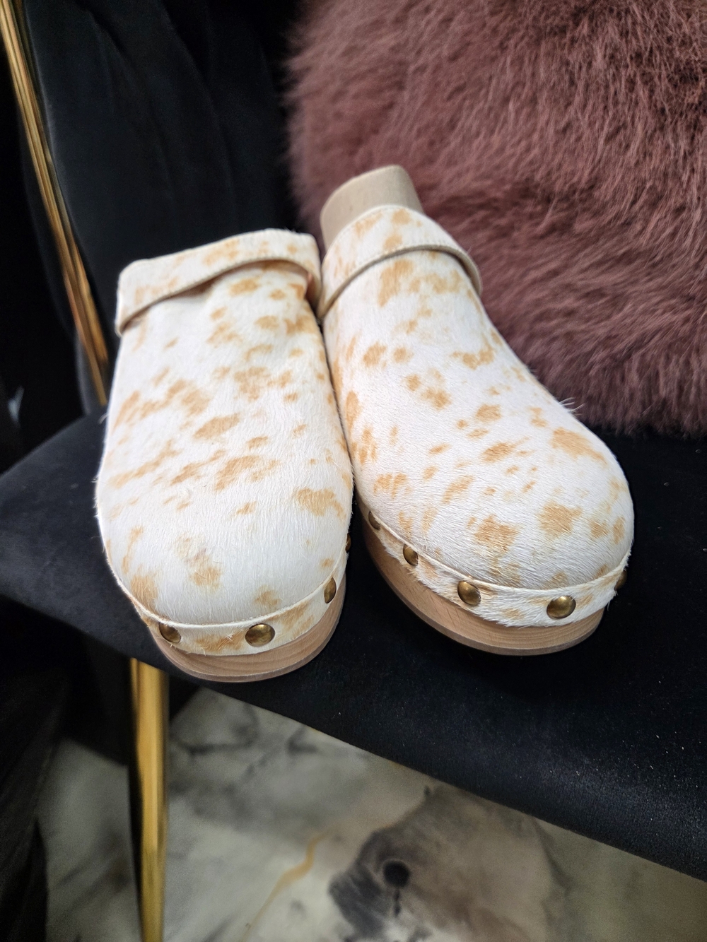 J. Crew Cream and Tan Cowhide Studded Wooden Clogs. - Picture 9 of 12